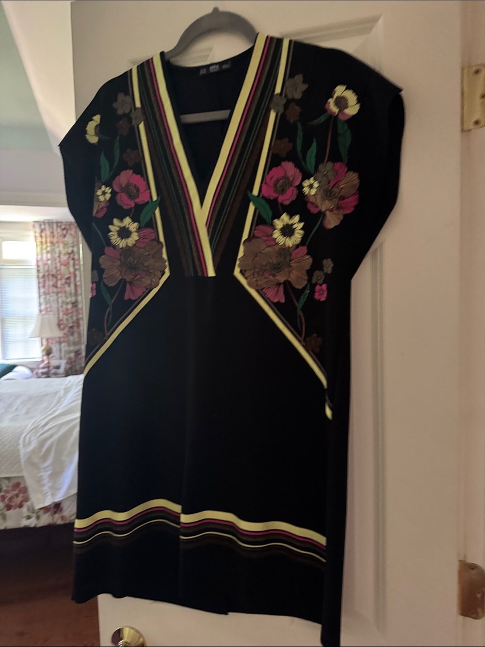 Zara Black Mini Dress with Pink, Yellow & Green Floral Embroidery